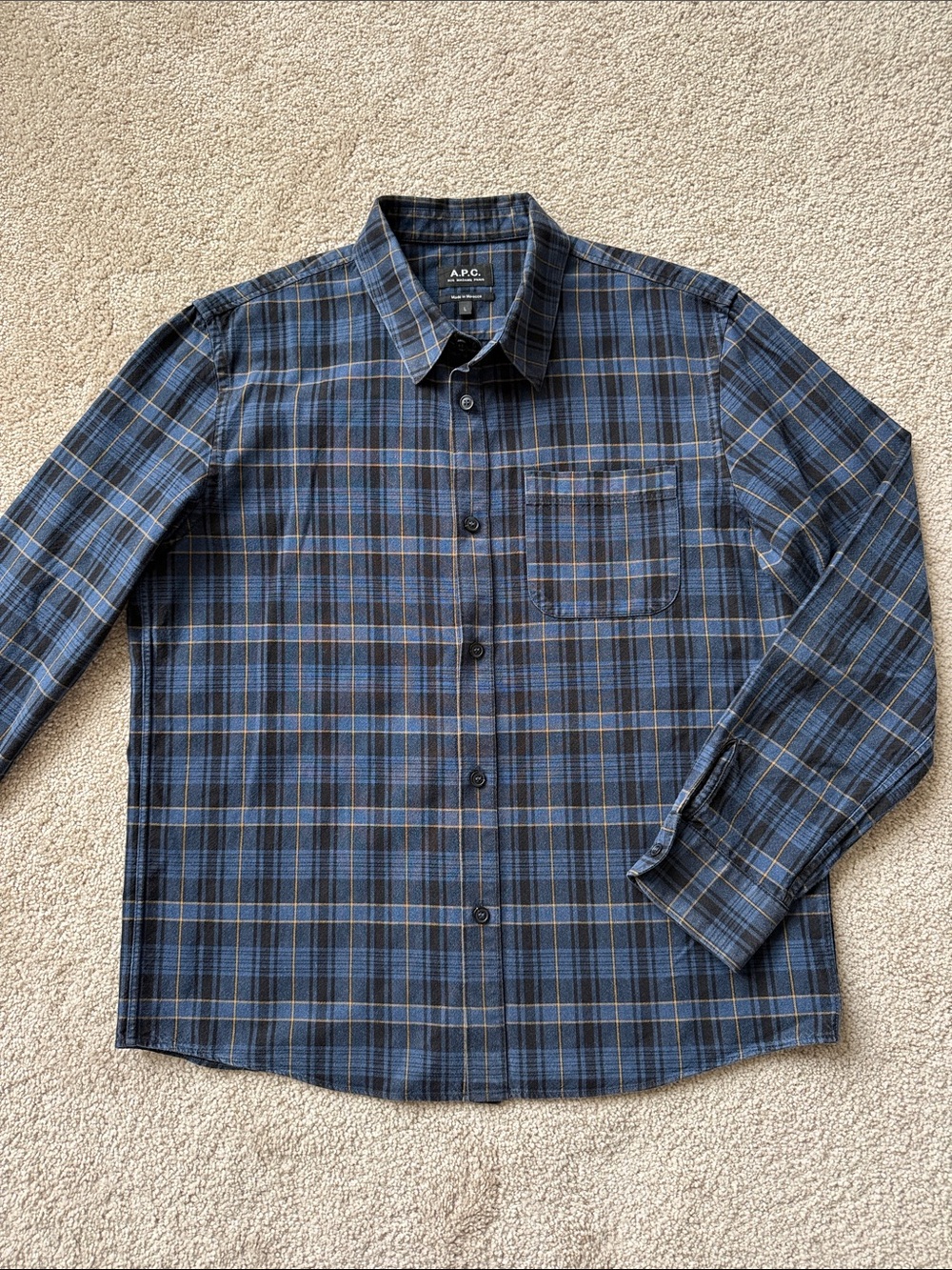 APC Trek Blue Plaid Overshirt Button Down Cotton Mid Weight Flannel
